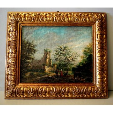 ANTICO QUADRO DIPINTO OLIO TELA PAESAGGIO NORDICO SCENA GALANTE RUDERE CAVALLO