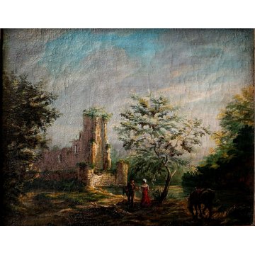 ANTICO QUADRO DIPINTO OLIO TELA PAESAGGIO NORDICO SCENA GALANTE RUDERE CAVALLO
