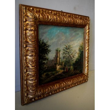 ANTICO QUADRO DIPINTO OLIO TELA PAESAGGIO NORDICO SCENA GALANTE RUDERE CAVALLO
