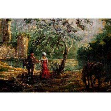 ANTICO QUADRO DIPINTO OLIO TELA PAESAGGIO NORDICO SCENA GALANTE RUDERE CAVALLO