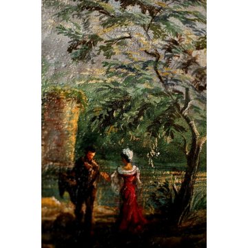 ANTICO QUADRO DIPINTO OLIO TELA PAESAGGIO NORDICO SCENA GALANTE RUDERE CAVALLO