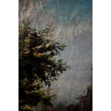 ANTICO QUADRO DIPINTO OLIO TELA PAESAGGIO NORDICO SCENA GALANTE RUDERE CAVALLO
