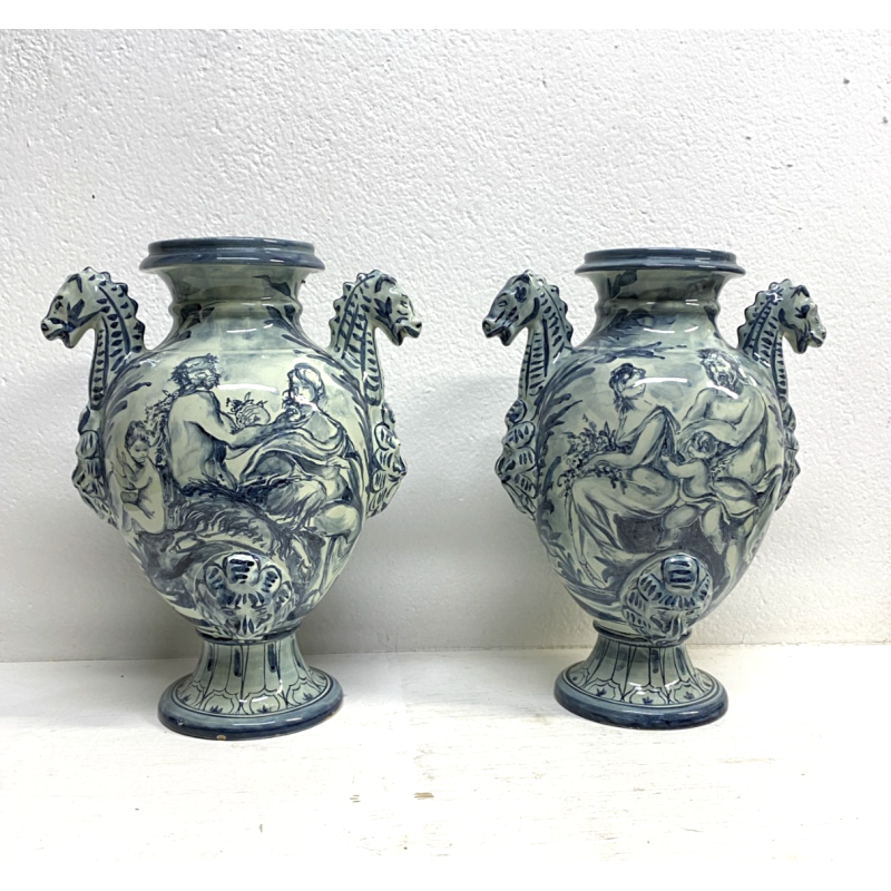 COPPIA VASO IDRIA MAIOLICA CE. AS. BIANCO BLU ALBISOLA 34 cm/h '60