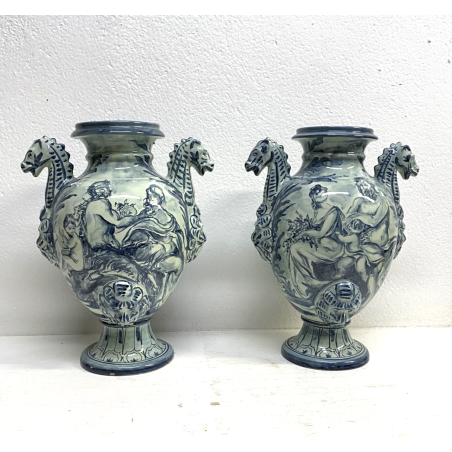 COPPIA VASO IDRIA MAIOLICA CE. AS. BIANCO BLU ALBISOLA 34 cm/h '60