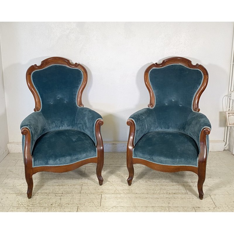 ANTICA COPPIA POLTRONA PRIMI 1900 LUIGI FILIPPO ARMCHAIR LEGNO STOFFA DIVANO