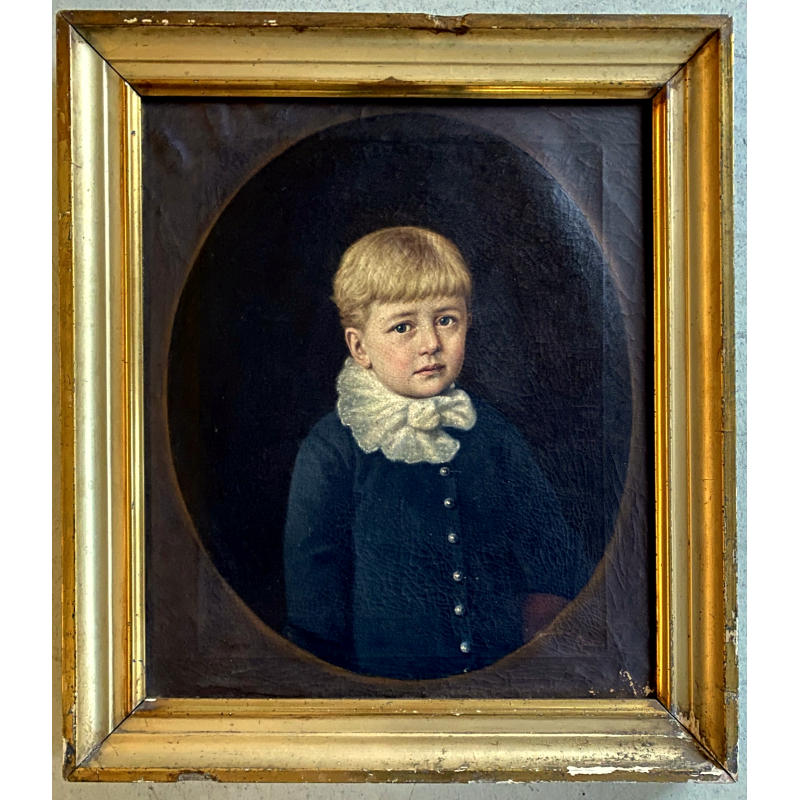 ANTICO DIPINTO OLIO TELA RITRATTO BAMBINO BIONDO FOULARD BIANCO EPOCA '800/'900