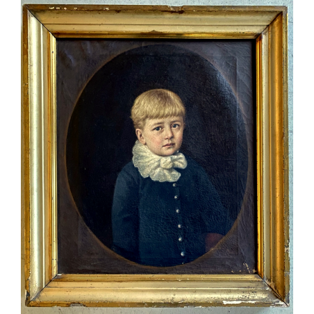 ANTICO DIPINTO OLIO TELA RITRATTO BAMBINO BIONDO FOULARD BIANCO EPOCA '800/'900