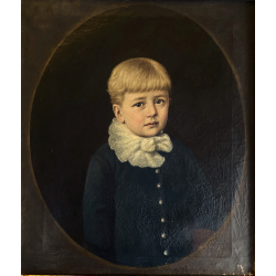 ANTICO DIPINTO OLIO TELA RITRATTO BAMBINO BIONDO FOULARD BIANCO EPOCA '800/'900