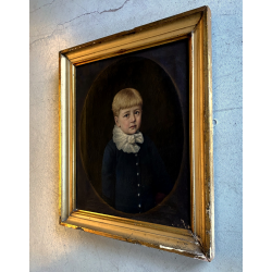 ANTICO DIPINTO OLIO TELA RITRATTO BAMBINO BIONDO FOULARD BIANCO EPOCA '800/'900