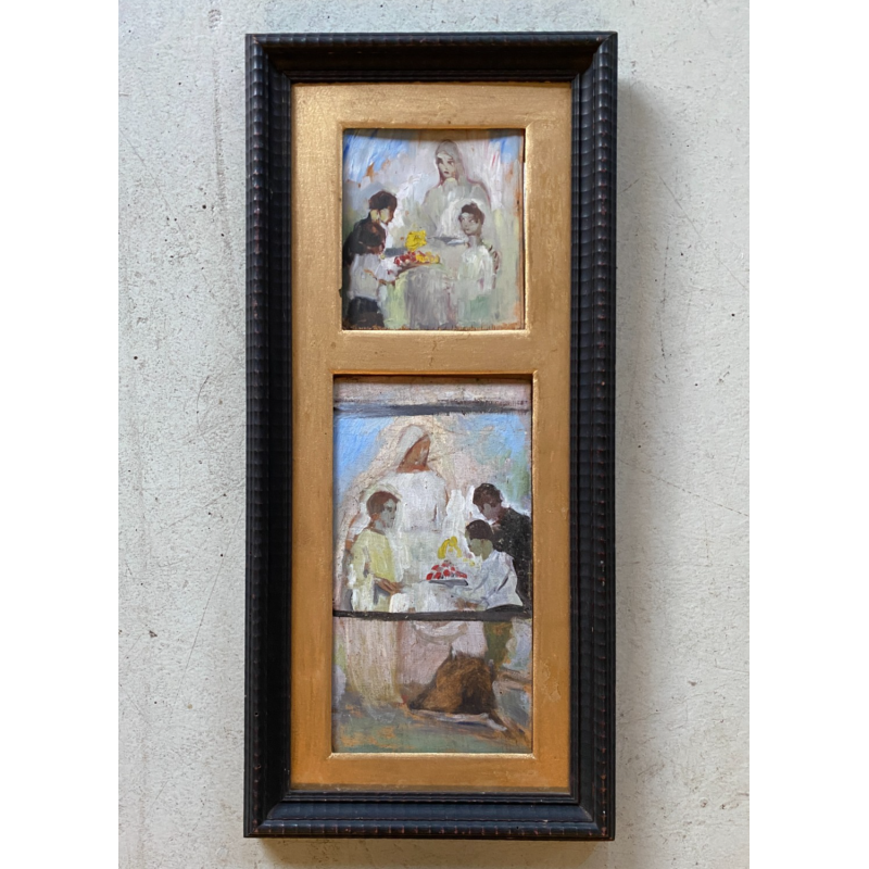 ANTICO DIPINTO OLIO SCENA RELIGIOSA MADONNA BAMBINI CRESIMA BATTESIMO MATERNITA'