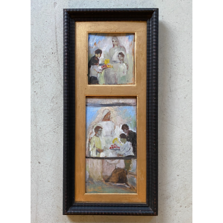 ANTICO DIPINTO OLIO SCENA RELIGIOSA MADONNA BAMBINI CRESIMA BATTESIMO MATERNITA'