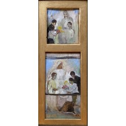 ANTICO DIPINTO OLIO SCENA RELIGIOSA MADONNA BAMBINI CRESIMA BATTESIMO MATERNITA'