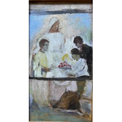 ANTICO DIPINTO OLIO SCENA RELIGIOSA MADONNA BAMBINI CRESIMA BATTESIMO MATERNITA'