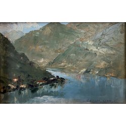 QUADRO DIPINTO OLIO Eraldo Coda  PAESAGGIO LACUSTRE Torno LAGO COMO 1940