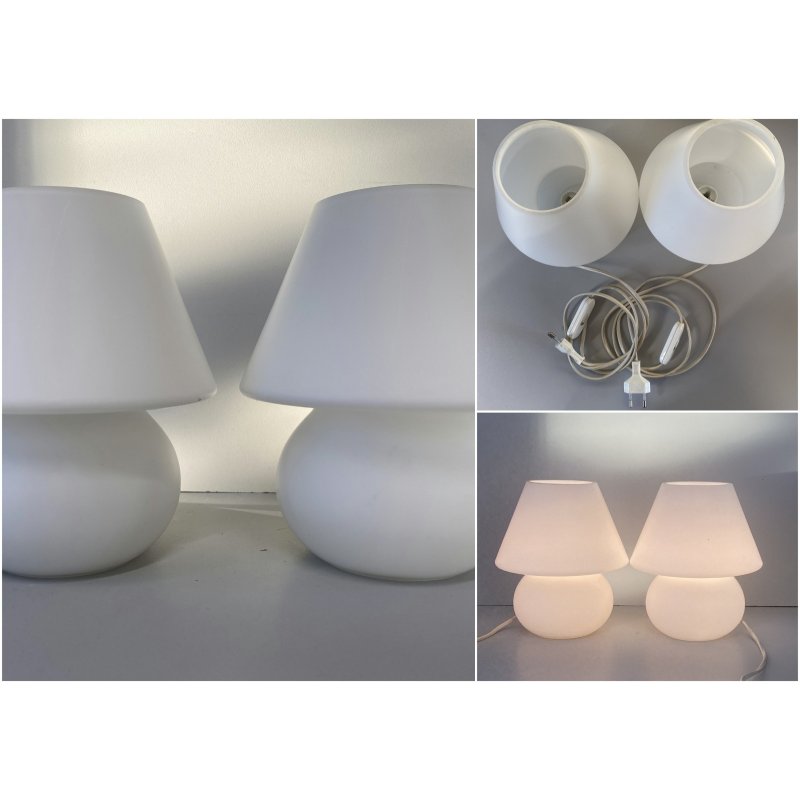 COPPIA LAMPADA TAVOLO VINTAGE ABATJOUR FUNGO VETRO MURANO OPALINO ø 17 x 19 cm/h