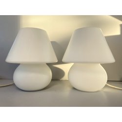 COPPIA LAMPADA TAVOLO VINTAGE ABATJOUR FUNGO VETRO MURANO OPALINO ø 17 x 19 cm/h