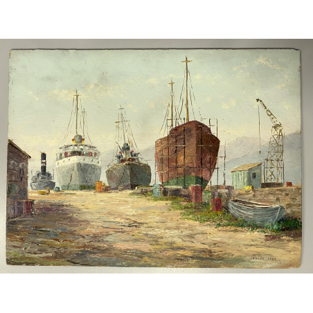 QUADRO DIPINTO OLIO Eraldo Coda MARINA PAESAGGIO La Spezia DOMENICA in CANTIERE