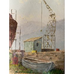 QUADRO DIPINTO OLIO Eraldo Coda MARINA PAESAGGIO La Spezia DOMENICA in CANTIERE