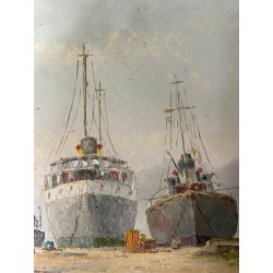 QUADRO DIPINTO OLIO Eraldo Coda MARINA PAESAGGIO La Spezia DOMENICA in CANTIERE