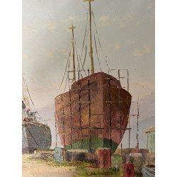 QUADRO DIPINTO OLIO Eraldo Coda MARINA PAESAGGIO La Spezia DOMENICA in CANTIERE