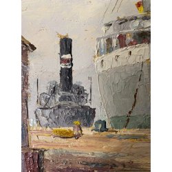 QUADRO DIPINTO OLIO Eraldo Coda MARINA PAESAGGIO La Spezia DOMENICA in CANTIERE