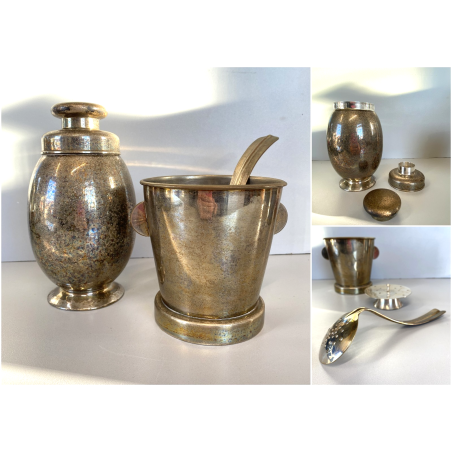 COCKTAIL SET SHAKER SECCHIELLO GHIACCIO METALLO ARGENTATO DESIGN ART DECO '40/50