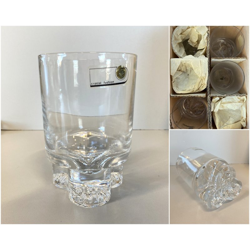 SET 6 BICCHIERI CRISTALLO VINTAGE BASE TRILOBATA WHISKY "Nostromo" ø8x12cm/h '70