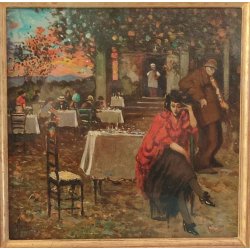 ANTICO QUADRO DIPINTO OLIO Vincenzo Irolli NAPOLI Paesaggio Terrazza RITRATTO