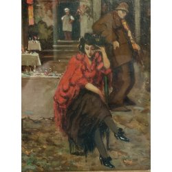 ANTICO QUADRO DIPINTO OLIO Vincenzo Irolli NAPOLI Paesaggio Terrazza RITRATTO