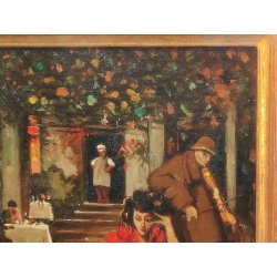 ANTICO QUADRO DIPINTO OLIO Vincenzo Irolli NAPOLI Paesaggio Terrazza RITRATTO