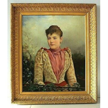 ANTICO DIPINTO OLIO TELA Innocenti Geneve RITRATTO FEMMINILE FIGURA DONNA 1892 