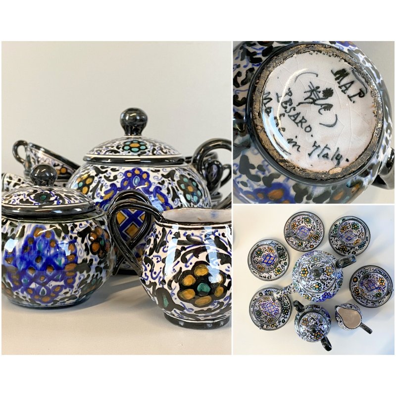 ANTICO SERVIZIO CAFFE 5 pers. MAIOLICA MAP Pesaro DECORO FLOREALE  ART DECO '900