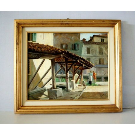 GRANDE QUADRO DIPINTO OLIO TELA Aldo Fornoni LAVATOIO MILANO vicolo dei lavandai