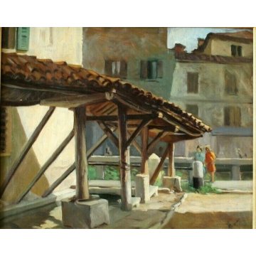 GRANDE QUADRO DIPINTO OLIO TELA Aldo Fornoni LAVATOIO MILANO vicolo dei lavandai