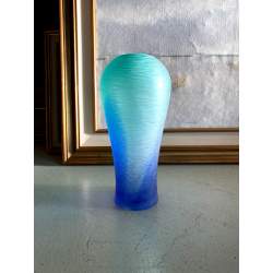 VASO VETRO SOFFIATO MURANO TEXTURE RILIEVO VERDE ACQUA BLU 35 cm/h FIRMATO '99