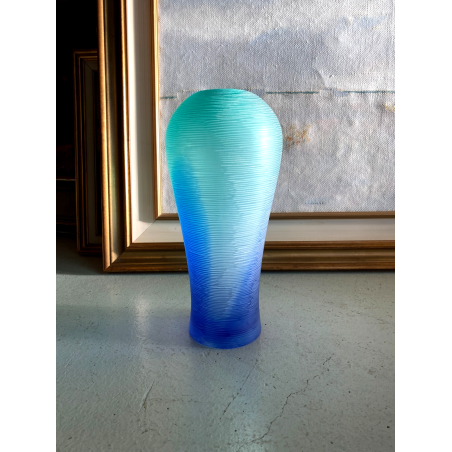 VASO VETRO SOFFIATO MURANO TEXTURE RILIEVO VERDE ACQUA BLU 35 cm/h FIRMATO '99