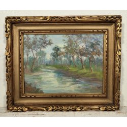 ANTICO QUADRO DIPINTO OLIO TAVOLA N. Laurenti PAESAGGIO LOMBARDO Il Lambro 1930