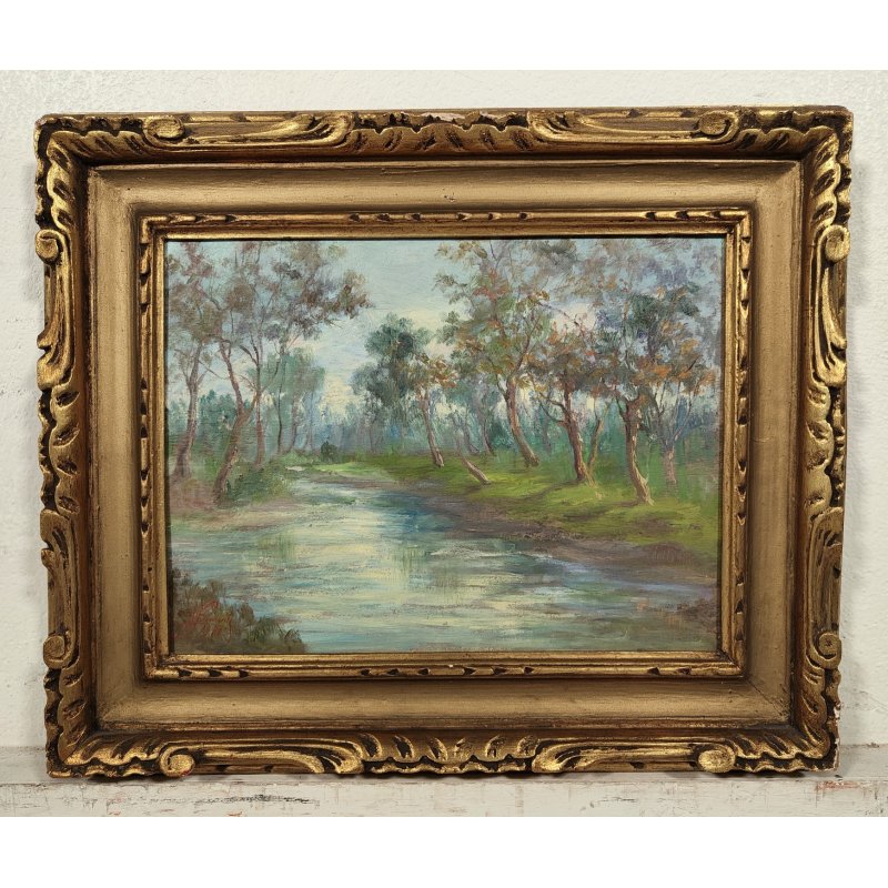 ANTICO QUADRO DIPINTO OLIO TAVOLA N. Laurenti PAESAGGIO LOMBARDO Il Lambro 1930