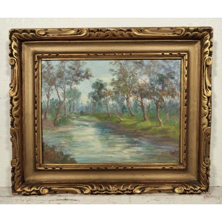 ANTICO QUADRO DIPINTO OLIO TAVOLA N. Laurenti PAESAGGIO LOMBARDO Il Lambro 1930