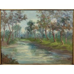 ANTICO QUADRO DIPINTO OLIO TAVOLA N. Laurenti PAESAGGIO LOMBARDO Il Lambro 1930