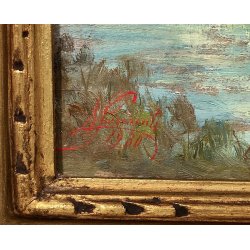 ANTICO QUADRO DIPINTO OLIO TAVOLA N. Laurenti PAESAGGIO LOMBARDO Il Lambro 1930