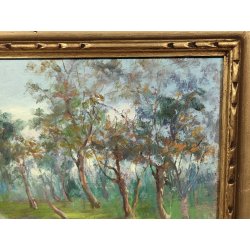 ANTICO QUADRO DIPINTO OLIO TAVOLA N. Laurenti PAESAGGIO LOMBARDO Il Lambro 1930
