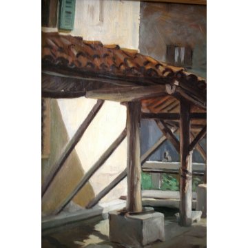 GRANDE QUADRO DIPINTO OLIO TELA Aldo Fornoni LAVATOIO MILANO vicolo dei lavandai