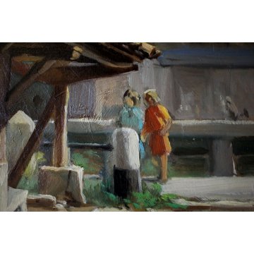 GRANDE QUADRO DIPINTO OLIO TELA Aldo Fornoni LAVATOIO MILANO vicolo dei lavandai