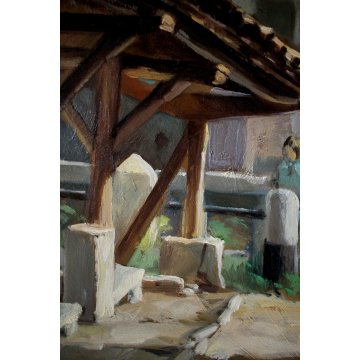 GRANDE QUADRO DIPINTO OLIO TELA Aldo Fornoni LAVATOIO MILANO vicolo dei lavandai