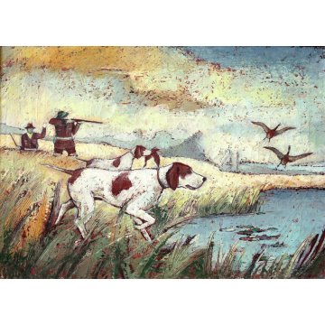 ANTICO DIPINTO OLIO ENCAUSTO Bonso PAESAGGIO LAGUNA SCENA DI CACCIA CANE ANATRA
