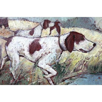 ANTICO DIPINTO OLIO ENCAUSTO Bonso PAESAGGIO LAGUNA SCENA DI CACCIA CANE ANATRA