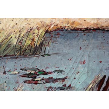 ANTICO DIPINTO OLIO ENCAUSTO Bonso PAESAGGIO LAGUNA SCENA DI CACCIA CANE ANATRA