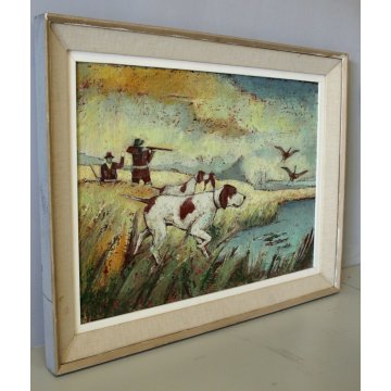 ANTICO DIPINTO OLIO ENCAUSTO Bonso PAESAGGIO LAGUNA SCENA DI CACCIA CANE ANATRA