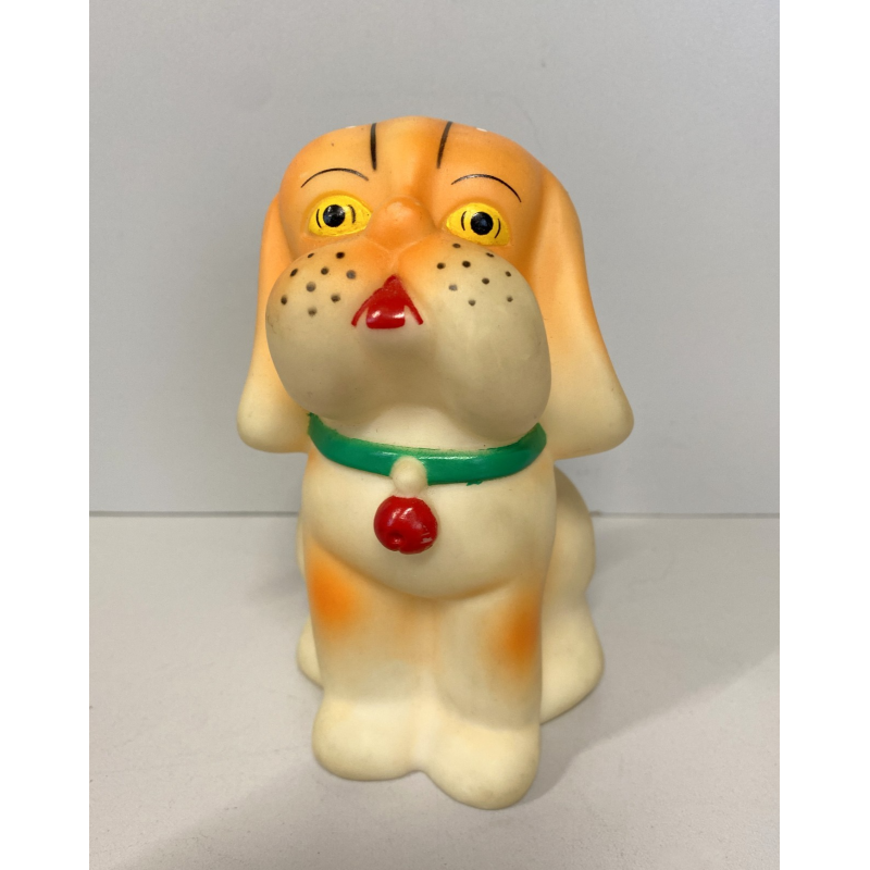 GIOCATTOLO VINTAGE DOG CANE ARANCIONE GOMMA MORBIDA FISCHIETTO OK 13,5 cm/h '70s